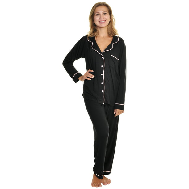 Nikaro Women's Long Sleeve Pyjamas 100% Cotton PJ Set with Navy Crew Neck Top